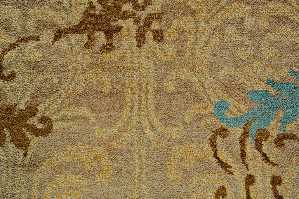 8' X 10' Tan Blue and Brown Floral Hand Knotted Area Rug-5