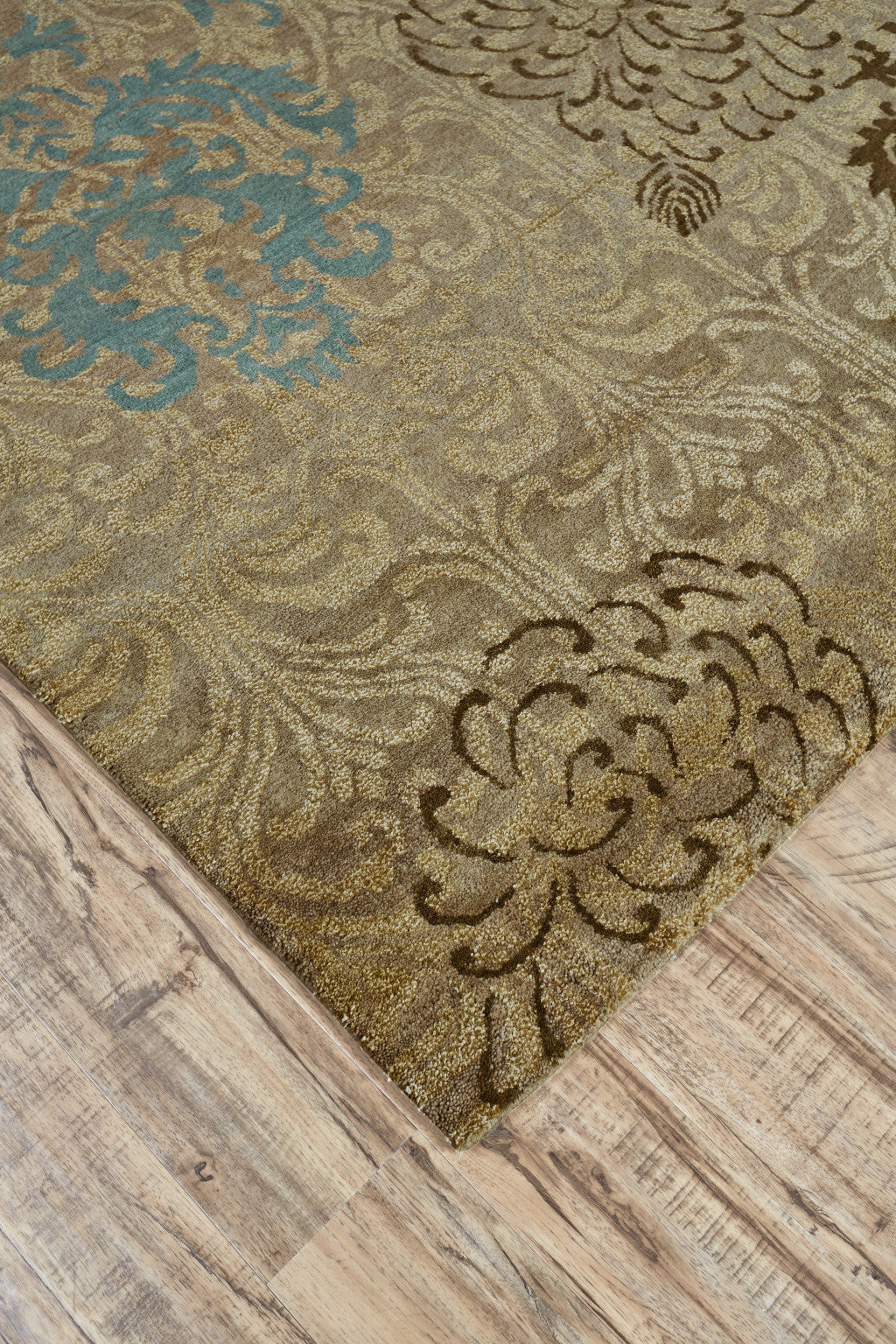 8' X 10' Tan Blue and Brown Floral Hand Knotted Area Rug-6
