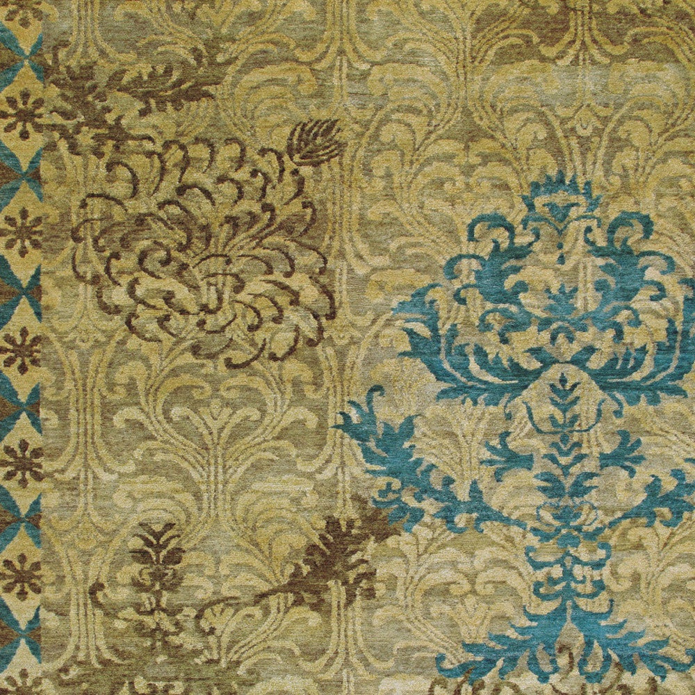 8' X 10' Tan Blue and Brown Floral Hand Knotted Area Rug-8