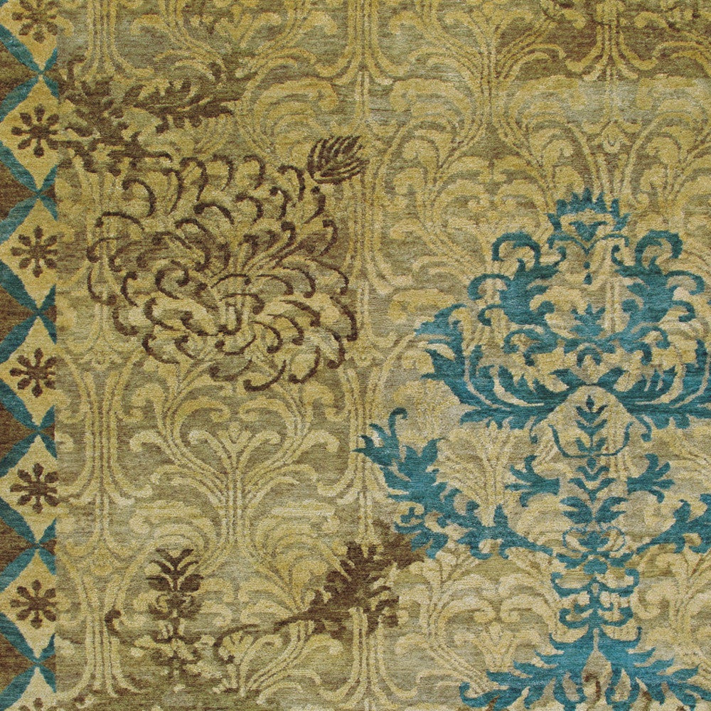 8' X 10' Tan Blue and Brown Floral Hand Knotted Area Rug-7