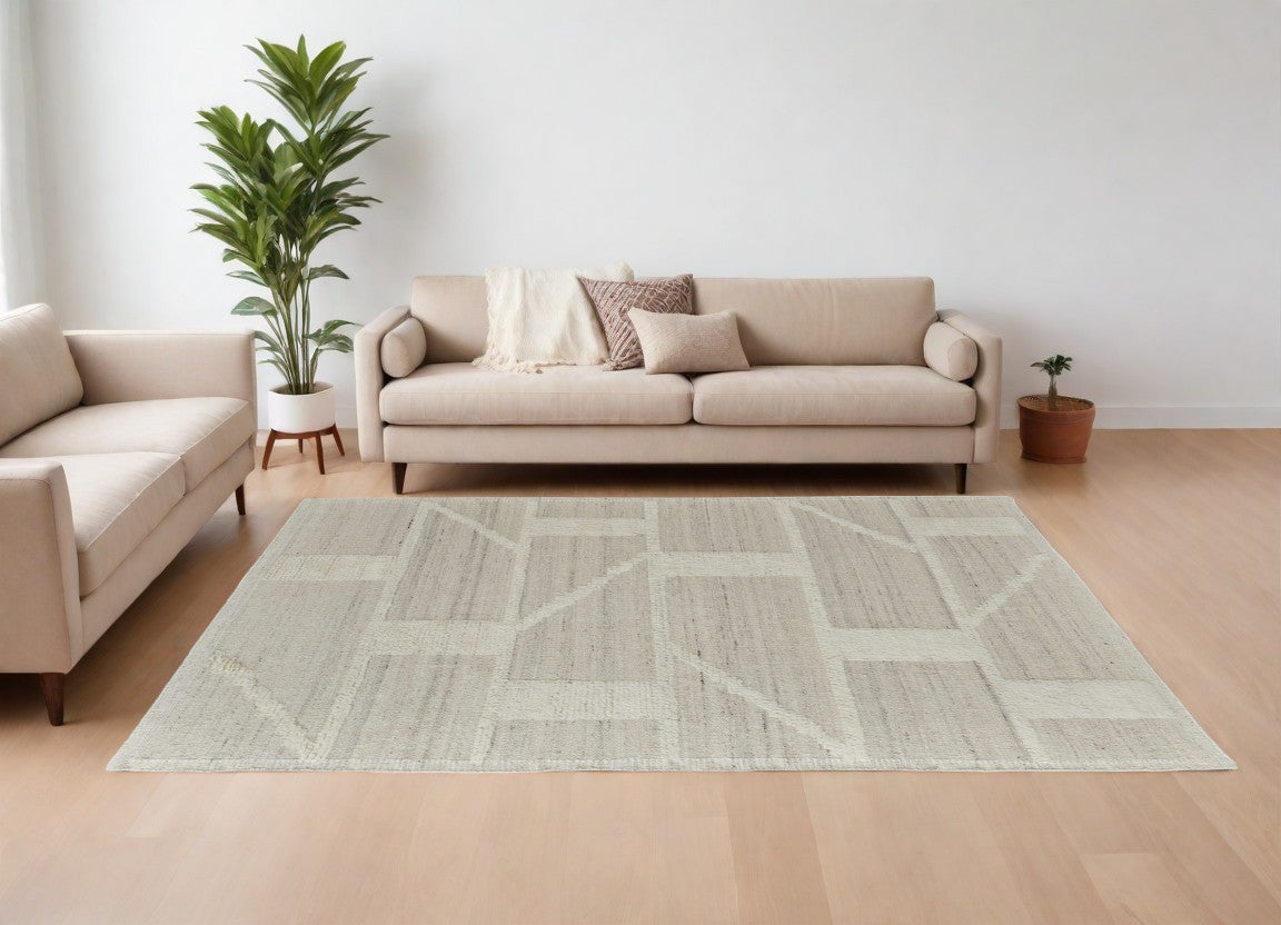 8' X 12' Tan and Ivory Wool Geometric Hand Woven Area Rug-0