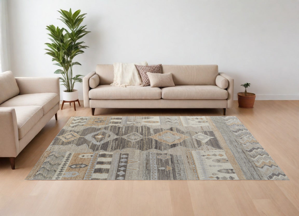 9' X 13' Ivory Gray and Orange Wool Moroccan Hand Knotted Area Rug-0