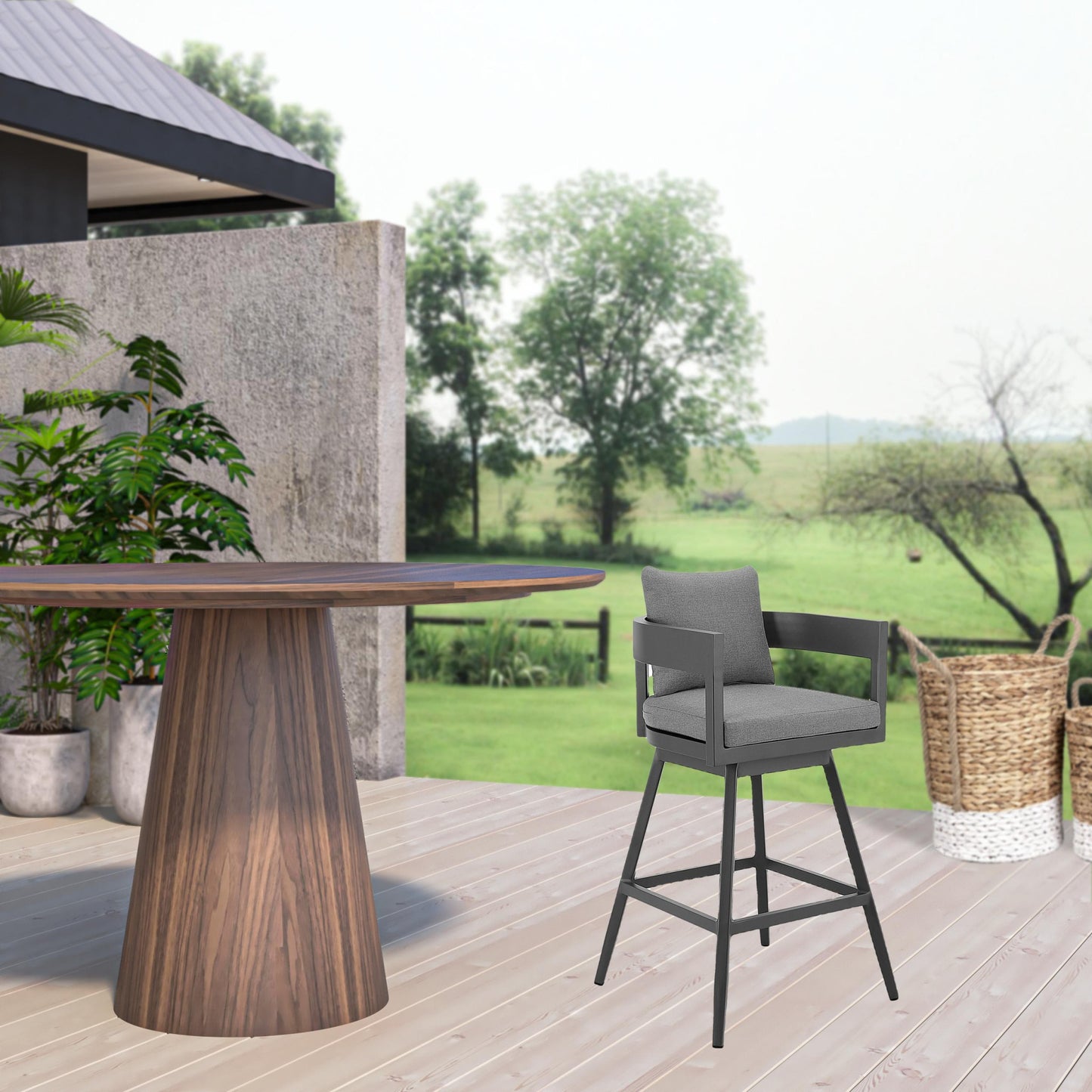 39" Dark Gray Metal Swivel Low back Outdoor Bar Height chair with Footrest-1