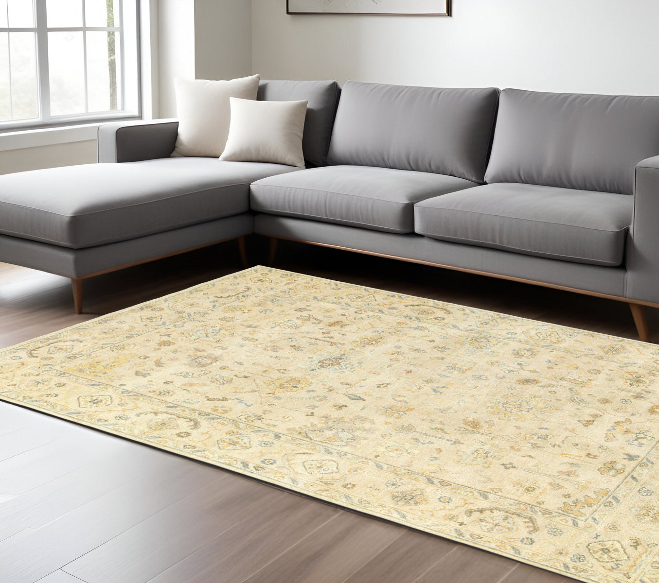 6' X 9' Beige And Gray Wool Oriental Hand Knotted Area Rug-0