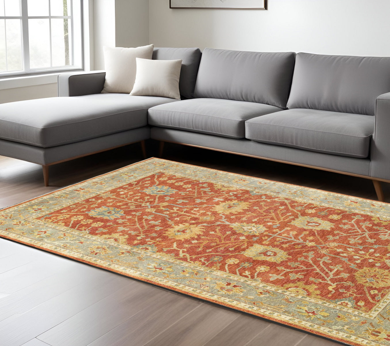 10' X 14' Red And Gray Wool Oriental Hand Knotted Area Rug-0