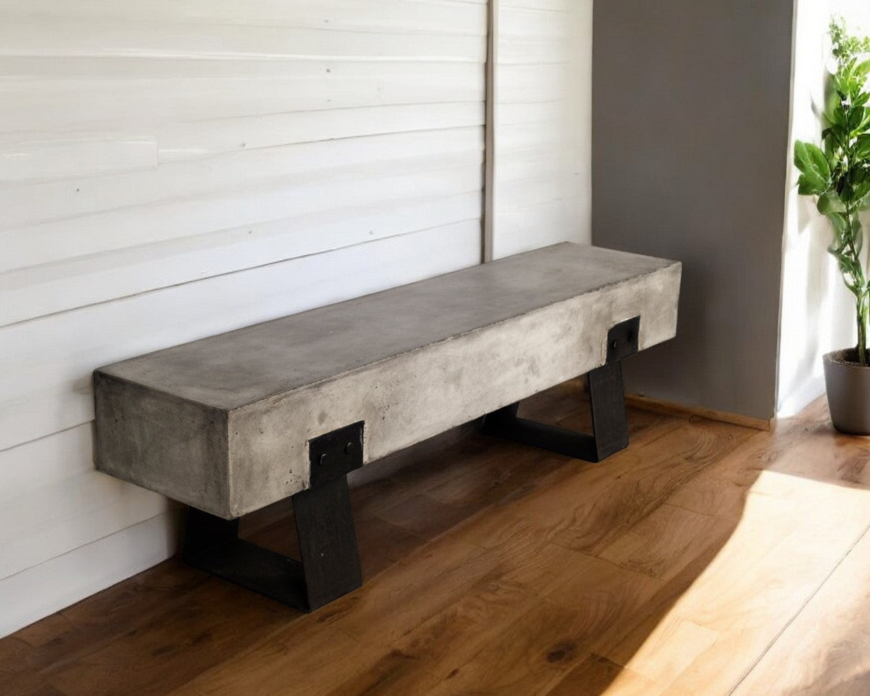 75" Gray and Black Metal and Concrete Indoor Outdoor Bench-1