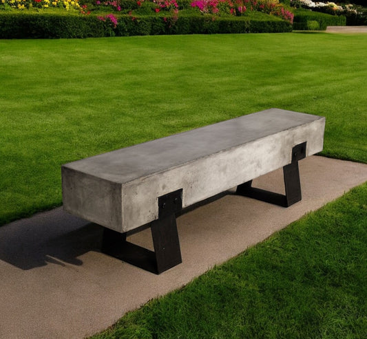 75" Gray and Black Metal and Concrete Indoor Outdoor Bench-0