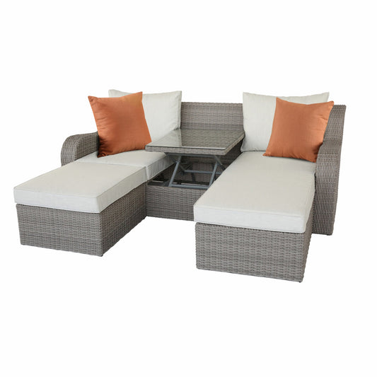 Three Piece Outdoor Gray Wicker Sectional Seating Group with Beige Cushions-0