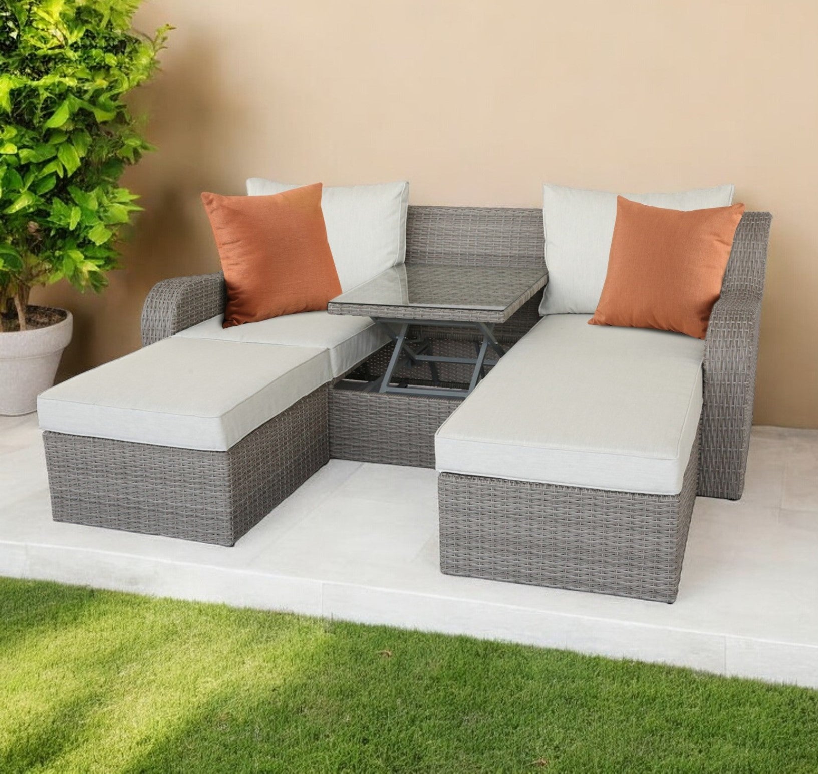 Three Piece Outdoor Gray Wicker Sectional Seating Group with Beige Cushions-1