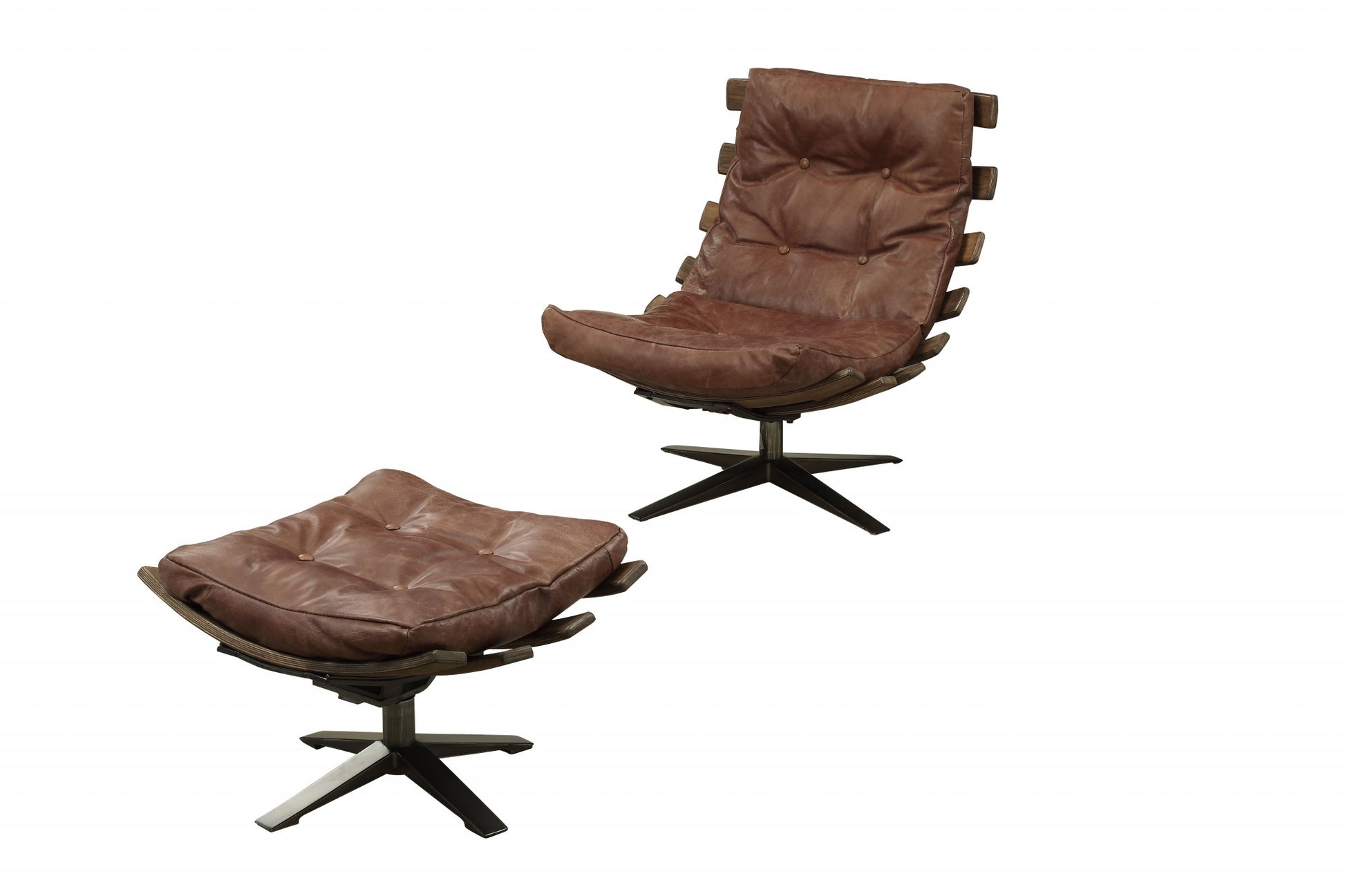 27" Brown and Black Top Grain Leather Tufted Swivel Lounge Chair With Ottoman-1