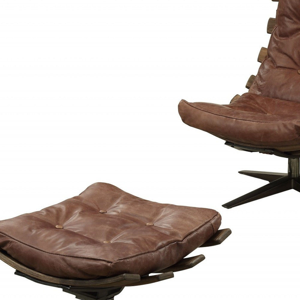 27" Brown and Black Top Grain Leather Tufted Swivel Lounge Chair With Ottoman-3