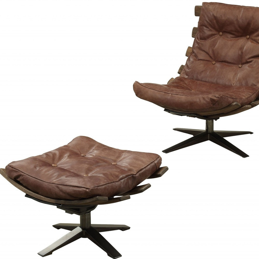 27" Brown and Black Top Grain Leather Tufted Swivel Lounge Chair With Ottoman-4