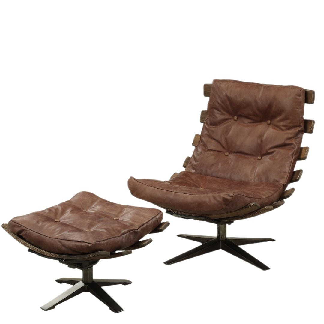 27" Brown and Black Top Grain Leather Tufted Swivel Lounge Chair With Ottoman-2