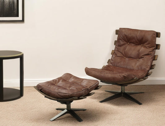 27" Brown and Black Top Grain Leather Tufted Swivel Lounge Chair With Ottoman-0