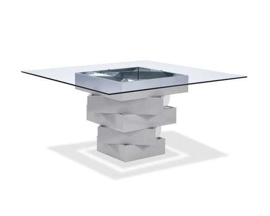 59" Clear And Gray Square Glass And Solid Wood Pedestal Base Dining Table-0
