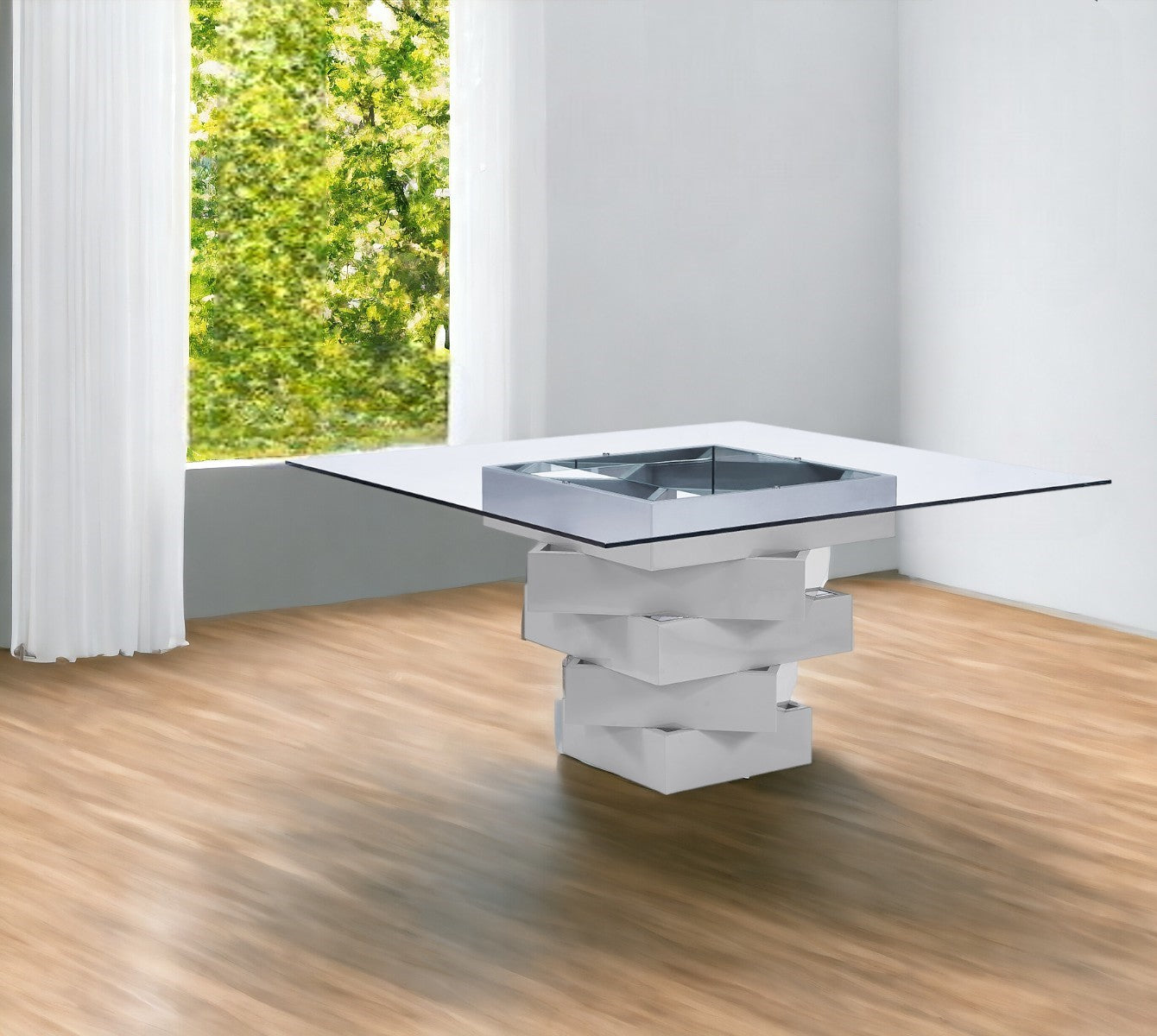 59" Clear And Gray Square Glass And Solid Wood Pedestal Base Dining Table-1