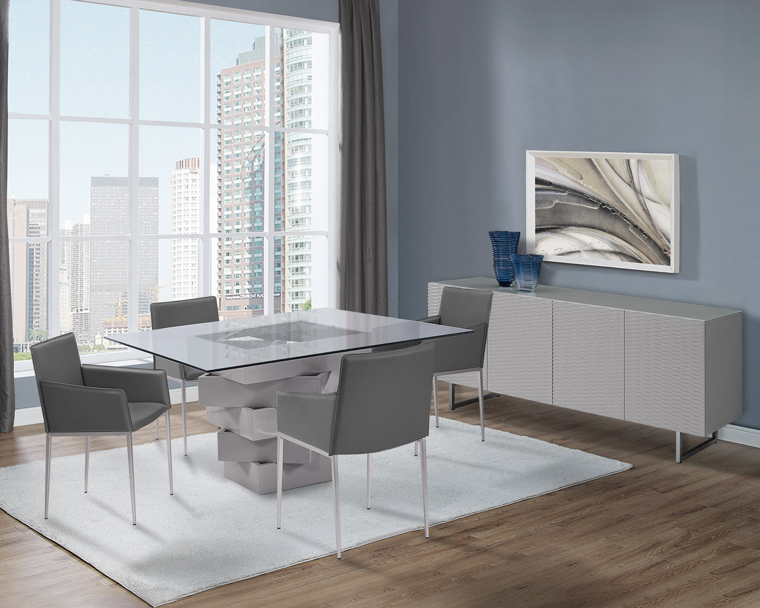 59" Clear And Gray Square Glass And Solid Wood Pedestal Base Dining Table-5