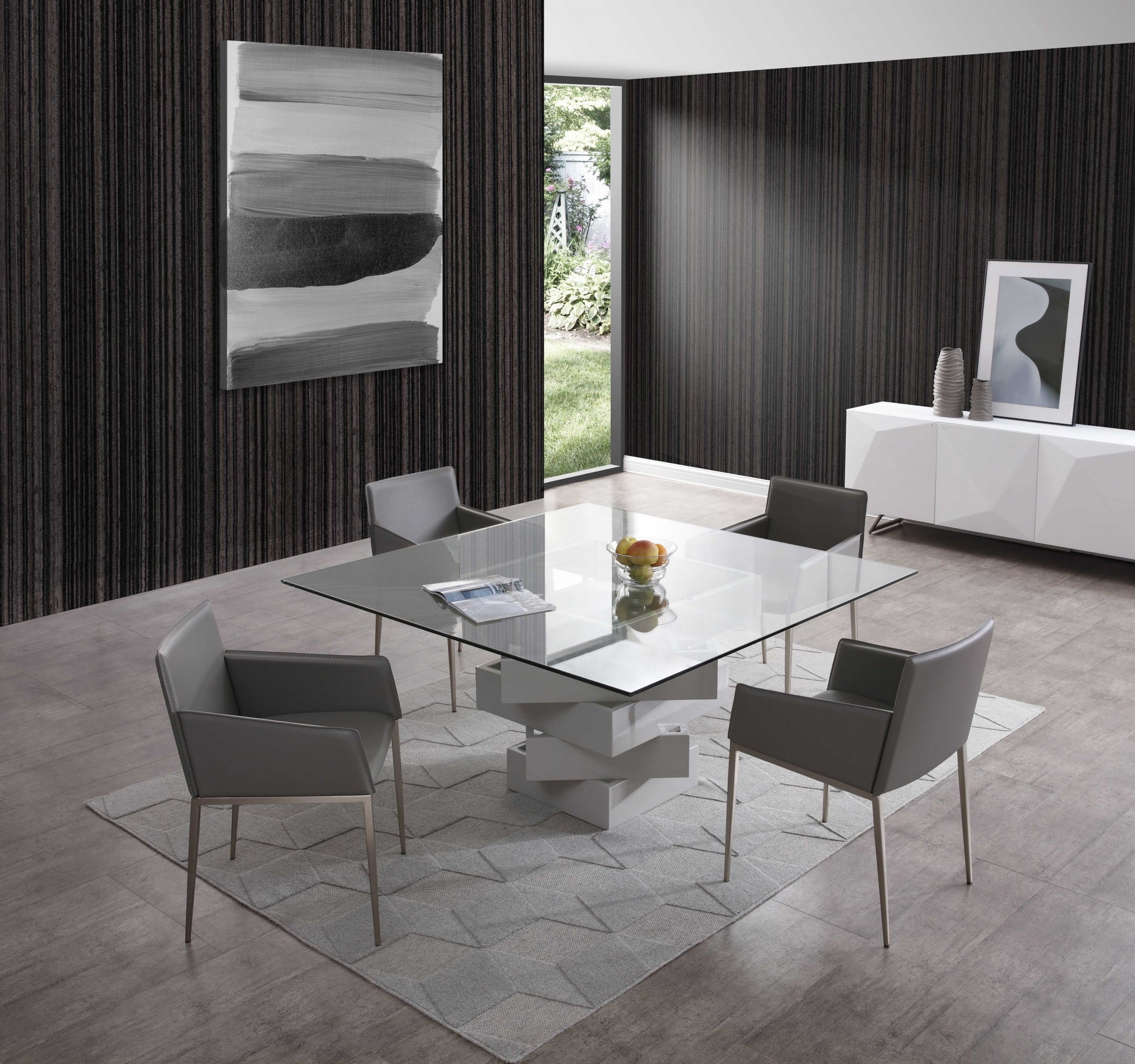 59" Clear And Gray Square Glass And Solid Wood Pedestal Base Dining Table-6