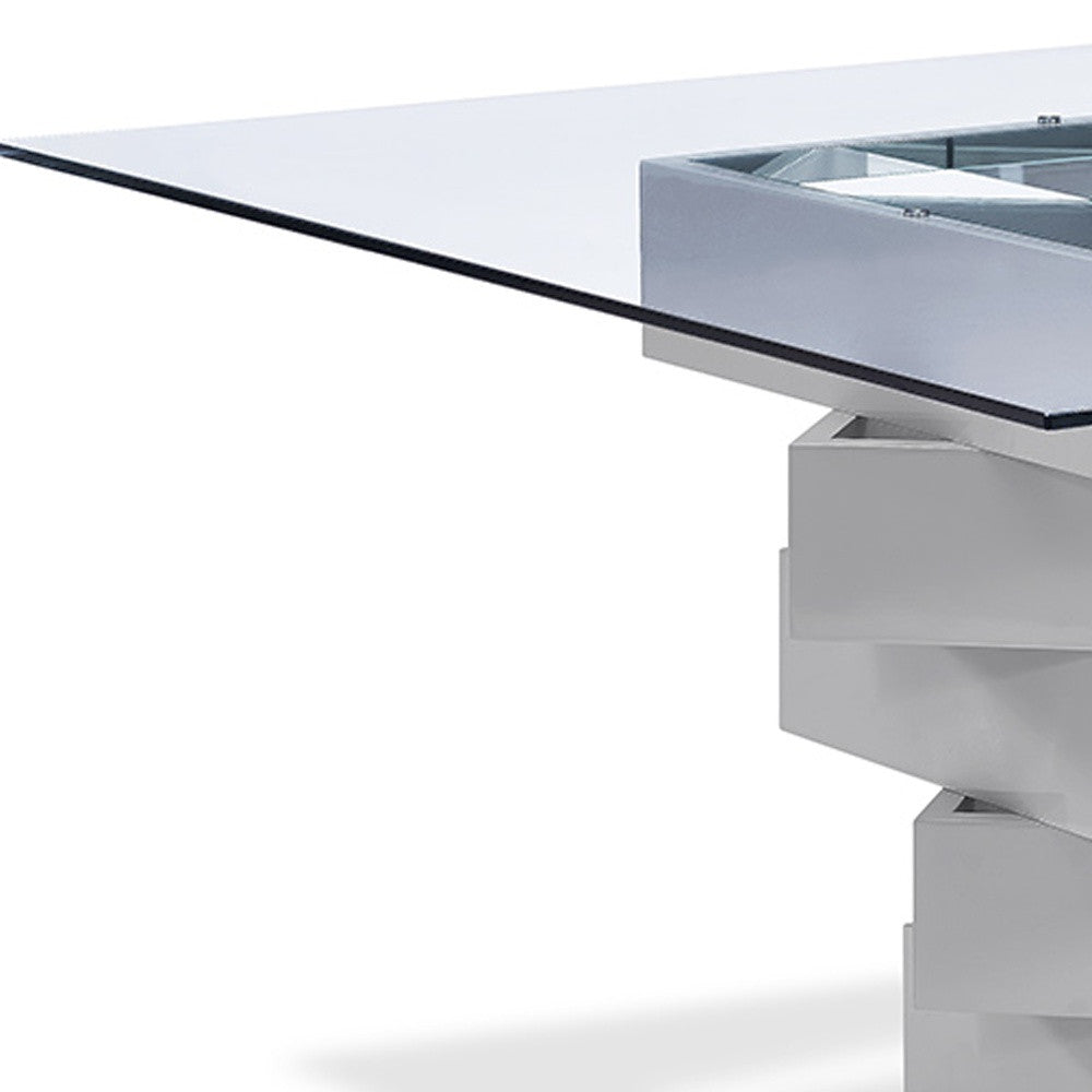 59" Clear And Gray Square Glass And Solid Wood Pedestal Base Dining Table-4