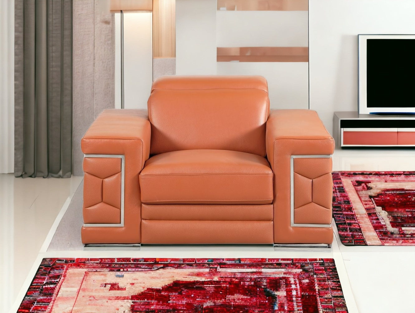 47" Brown And Silver Genuine Leather Arm Chair-1
