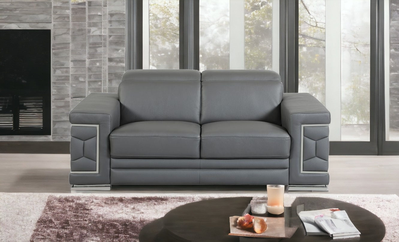 71" Gray And Silver Genuine Leather Love Seat-1