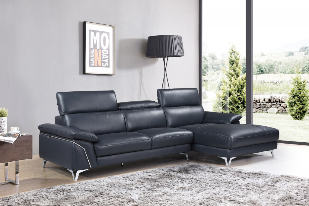 Navy Blue Italian Leather L Shaped Two Piece Sofa and Chaise Sectional-8