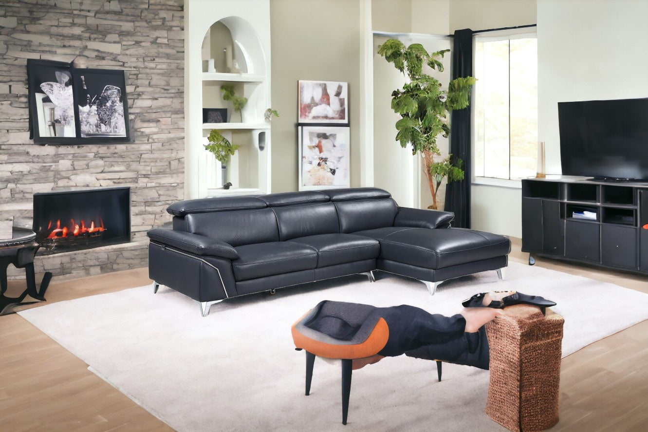 Navy Blue Italian Leather L Shaped Two Piece Sofa and Chaise Sectional-1