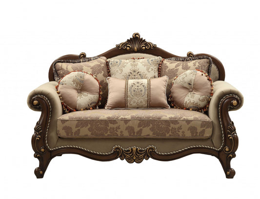 69" Beige and Gold And Brown Velvet Paisley Loveseat and Toss Pillows-0