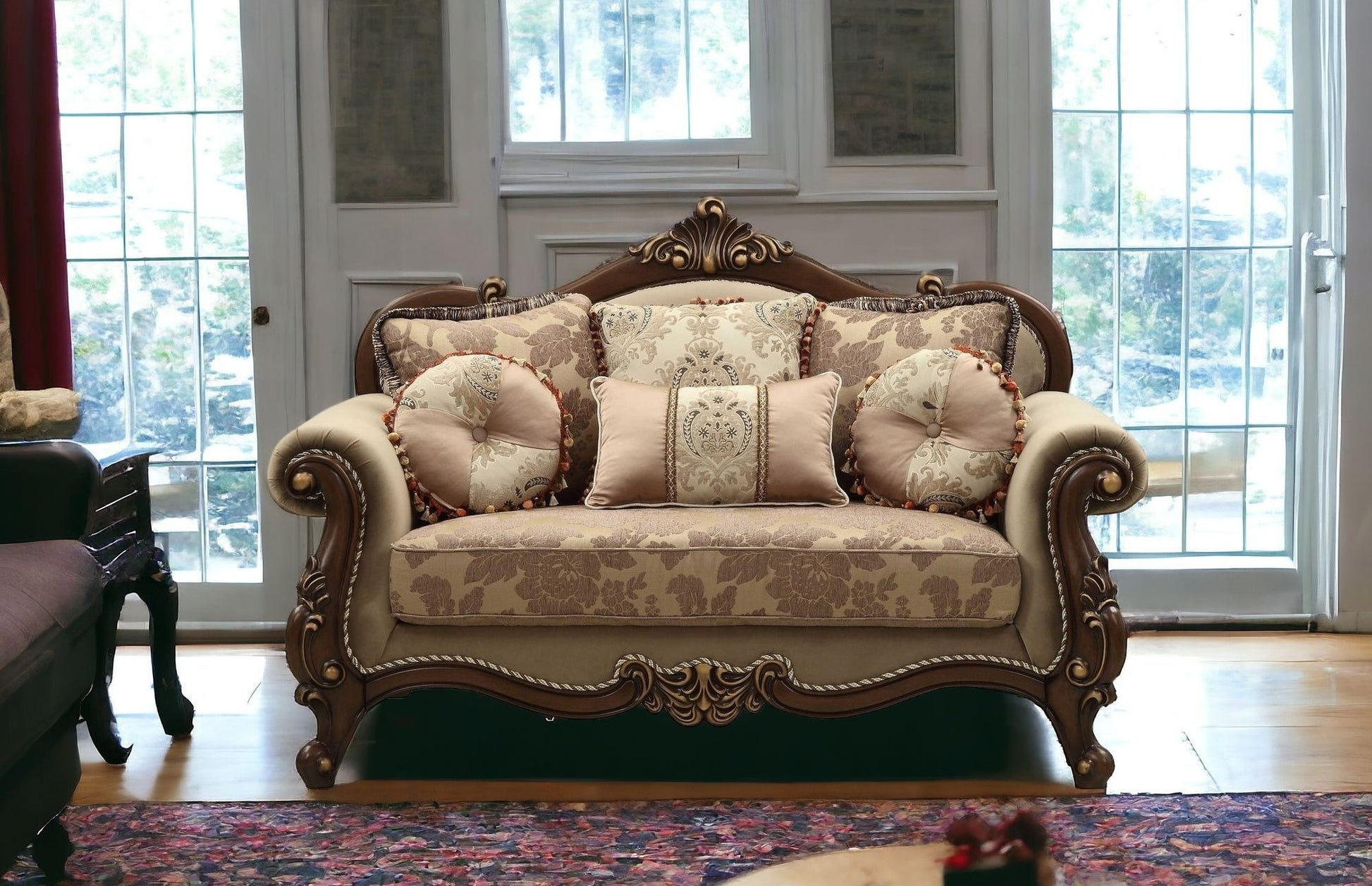 69" Beige and Gold And Brown Velvet Paisley Loveseat and Toss Pillows-1