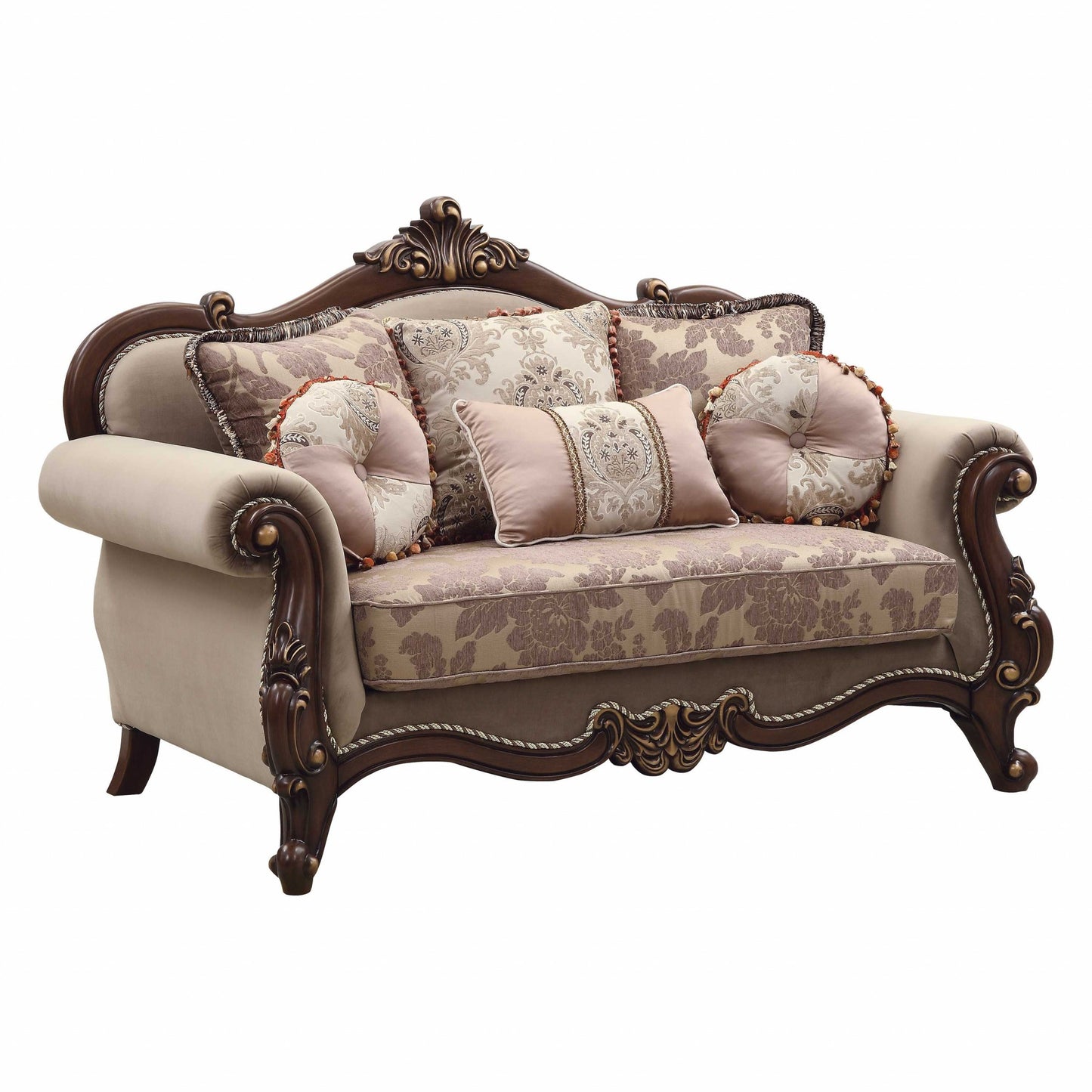 69" Beige and Gold And Brown Velvet Paisley Loveseat and Toss Pillows-2