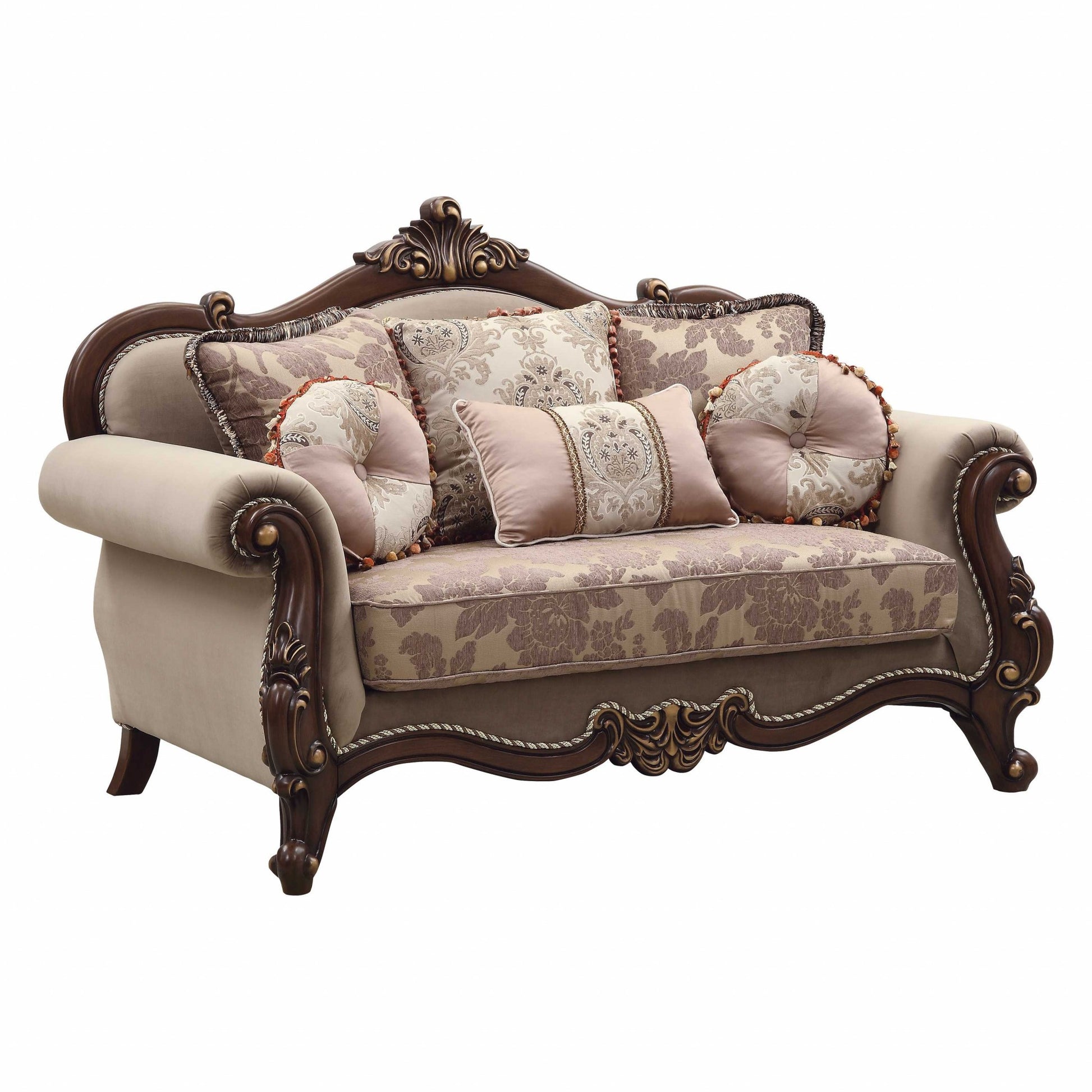 69" Beige and Gold And Brown Velvet Paisley Loveseat and Toss Pillows-2