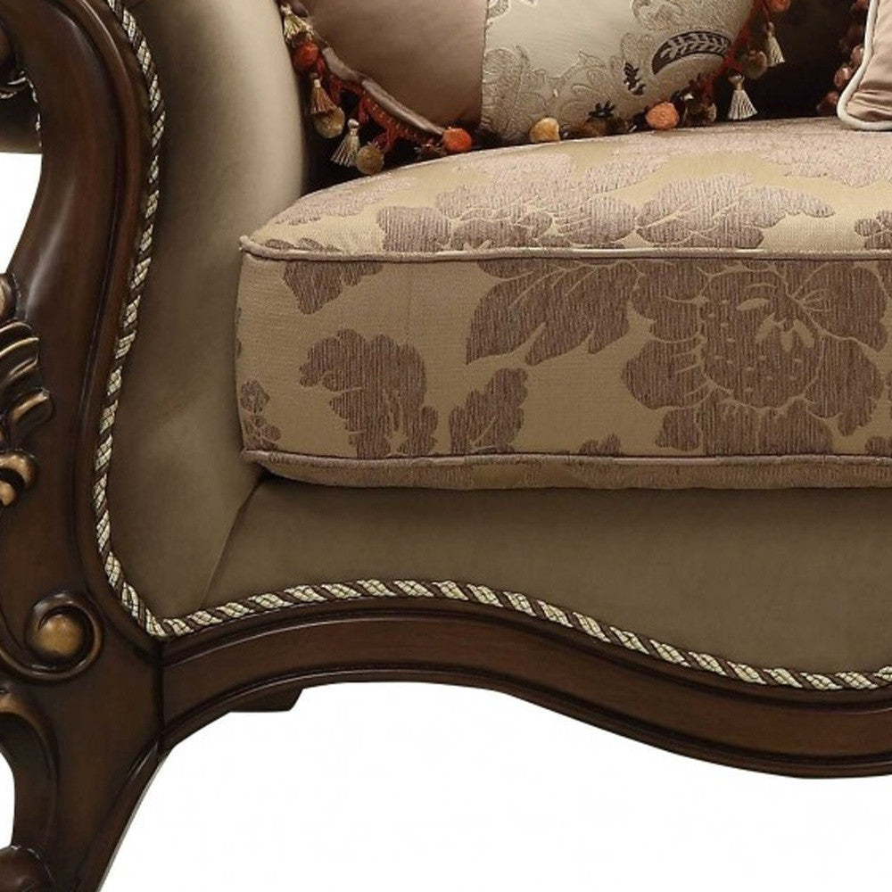 69" Beige and Gold And Brown Velvet Paisley Loveseat and Toss Pillows-4