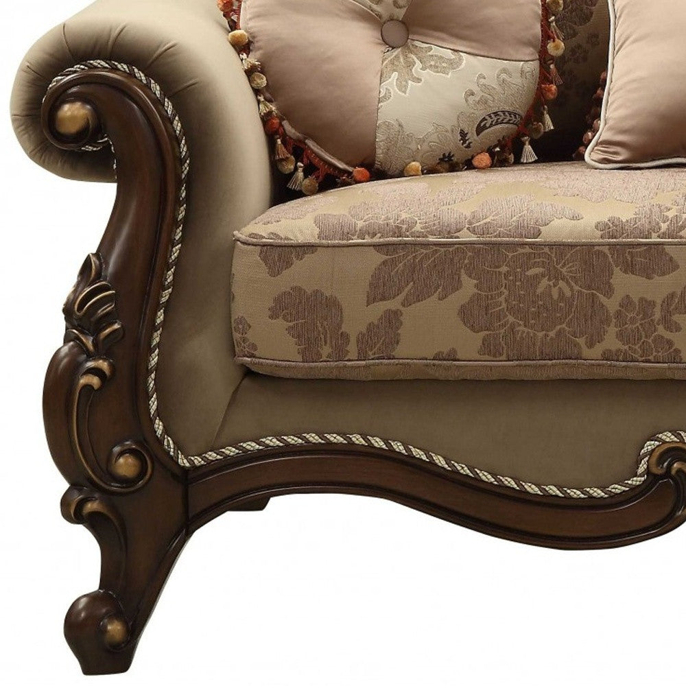 69" Beige and Gold And Brown Velvet Paisley Loveseat and Toss Pillows-3