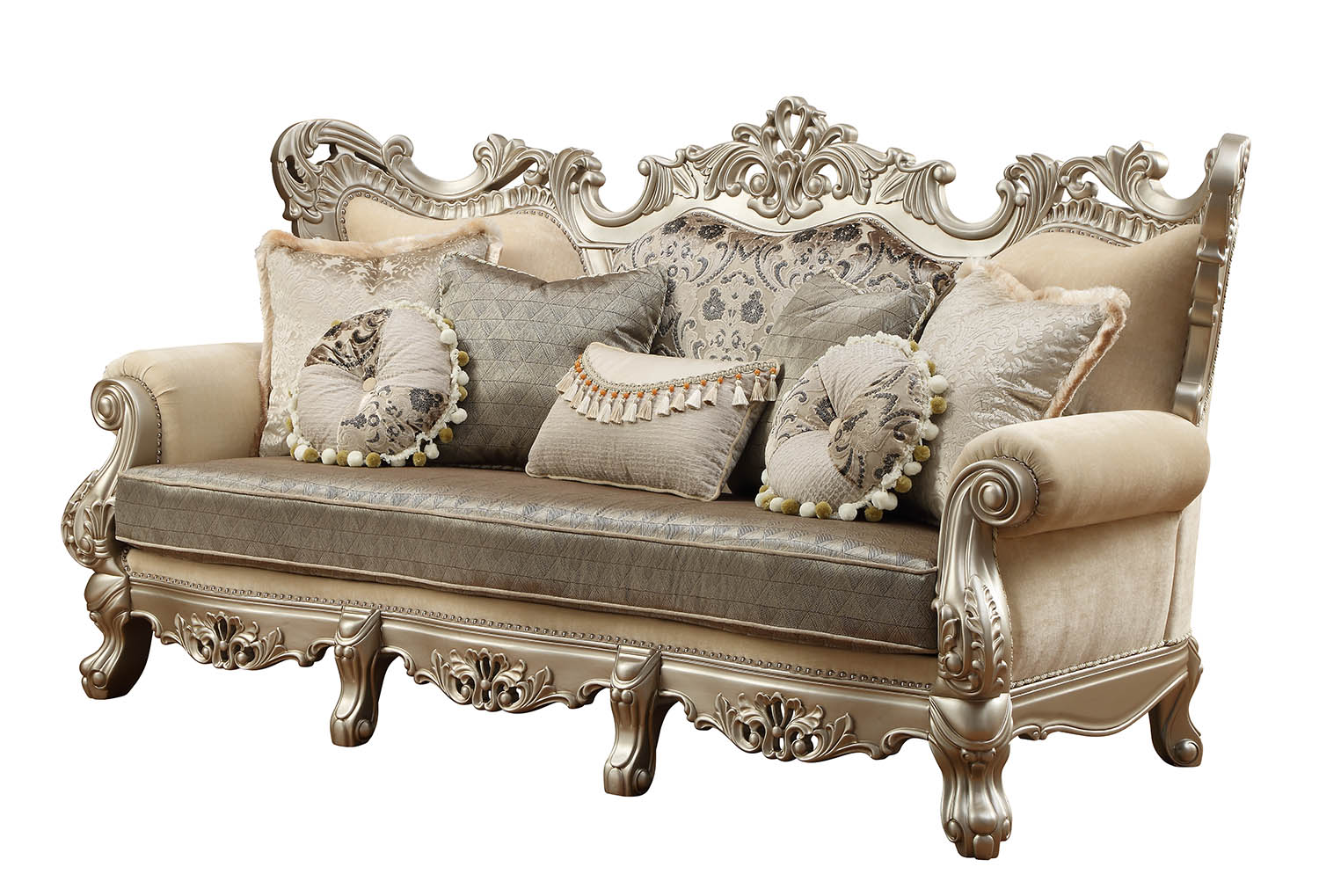 41" Champagne Cotton Blend Curved Floral Sofa And Toss Pillows-3
