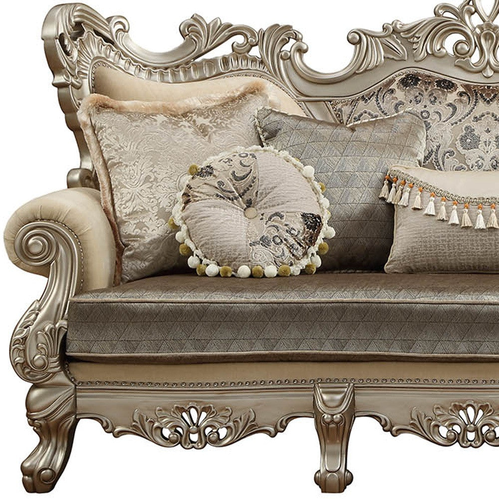 41" Champagne Cotton Blend Curved Floral Sofa And Toss Pillows-4