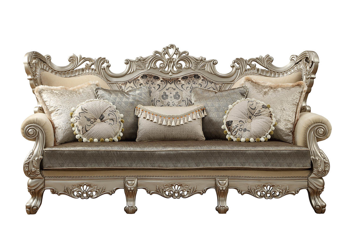 41" Champagne Cotton Blend Curved Floral Sofa And Toss Pillows-2