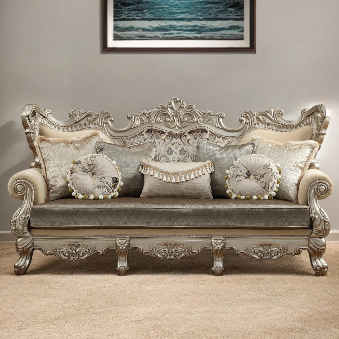41" Champagne Cotton Blend Curved Floral Sofa And Toss Pillows-1