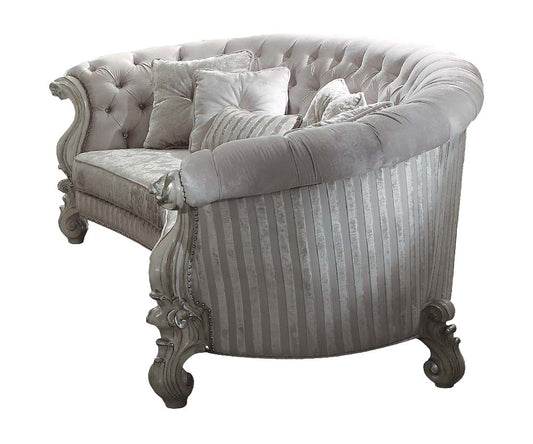 55" Ivory Velvet Curved Floral Sofa And Toss Pillows With Gray Legs-0