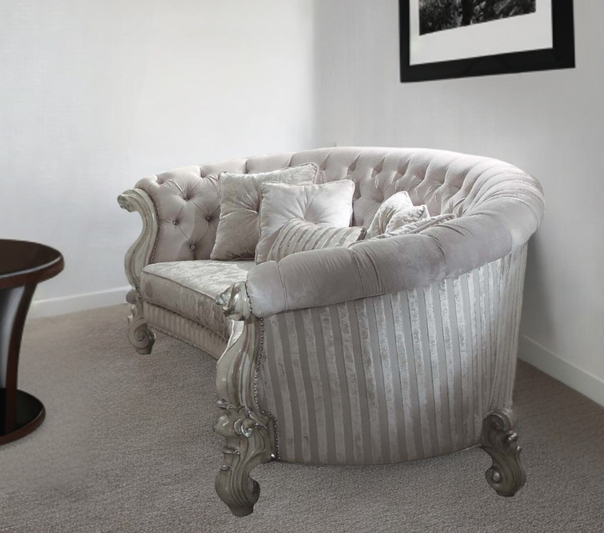 55" Ivory Velvet Curved Floral Sofa And Toss Pillows With Gray Legs-1
