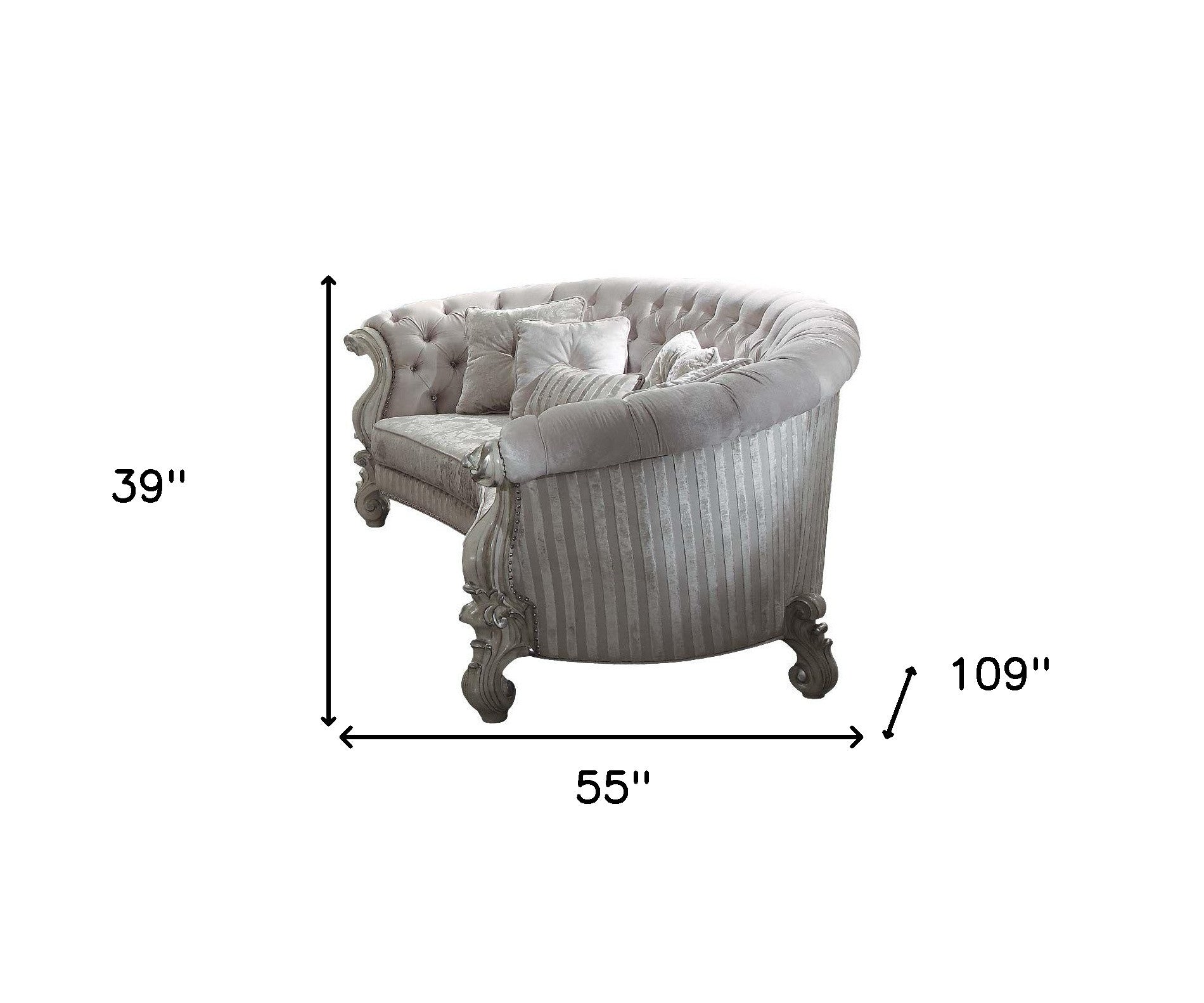 55" Ivory Velvet Curved Floral Sofa And Toss Pillows With Gray Legs-4