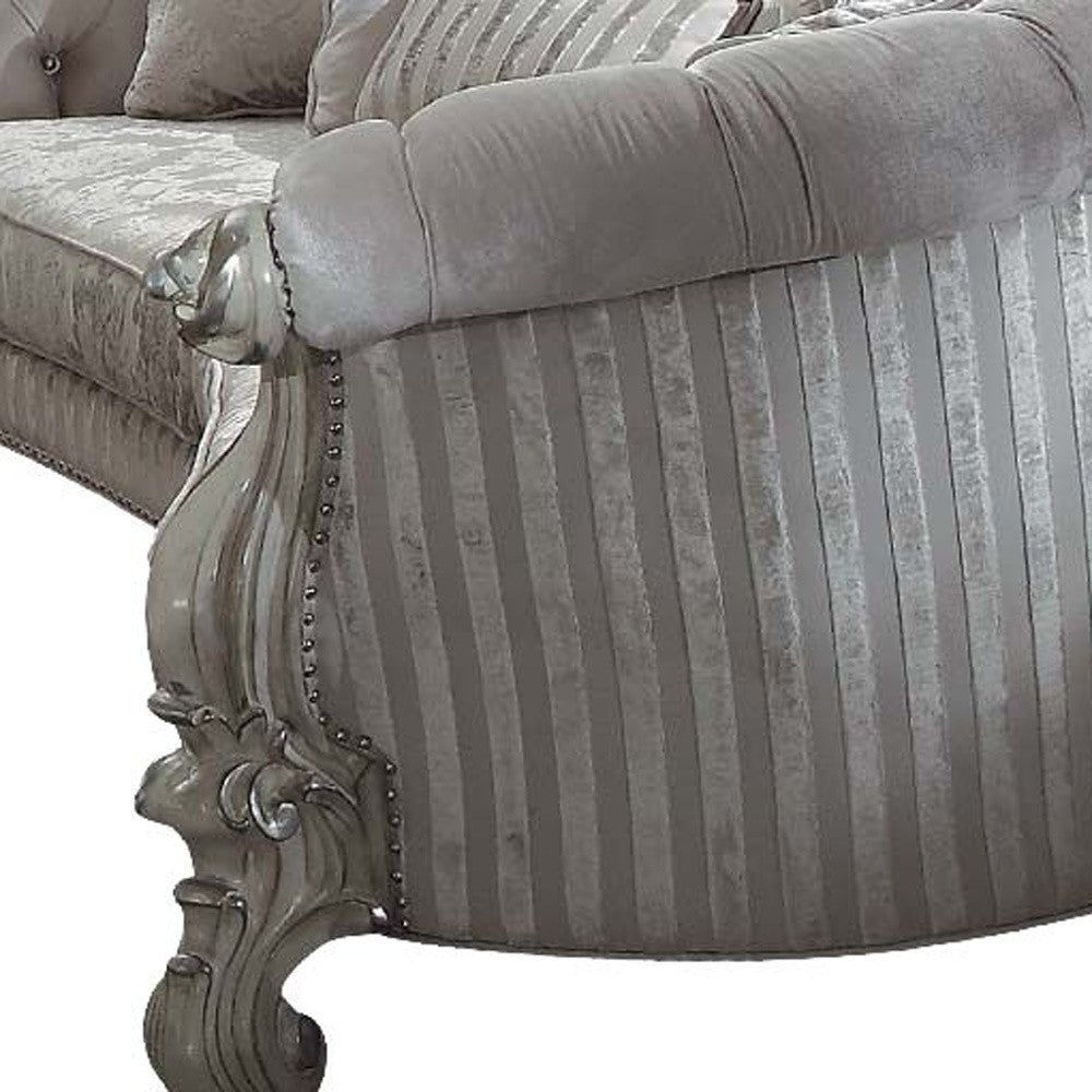 55" Ivory Velvet Curved Floral Sofa And Toss Pillows With Gray Legs-3