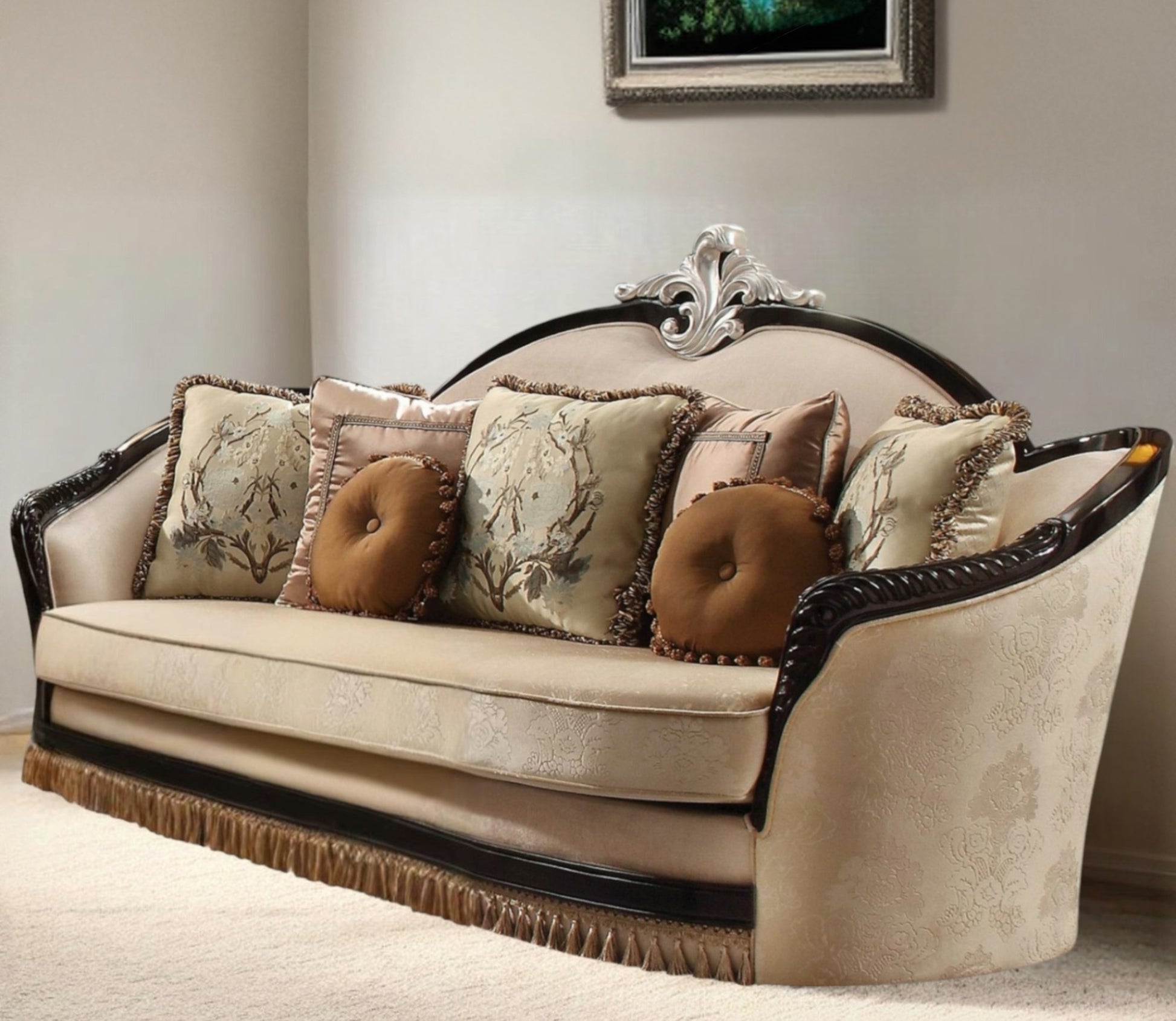 41" Tan Velvet Curved Sofa And Toss Pillows-1