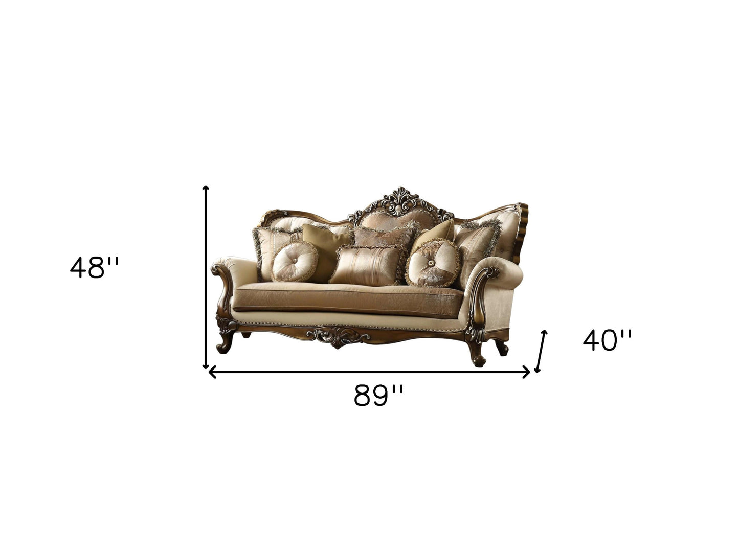 89" Tan Polyester Blend Curved Floral Sofa And Toss Pillows With Brown Legs-4