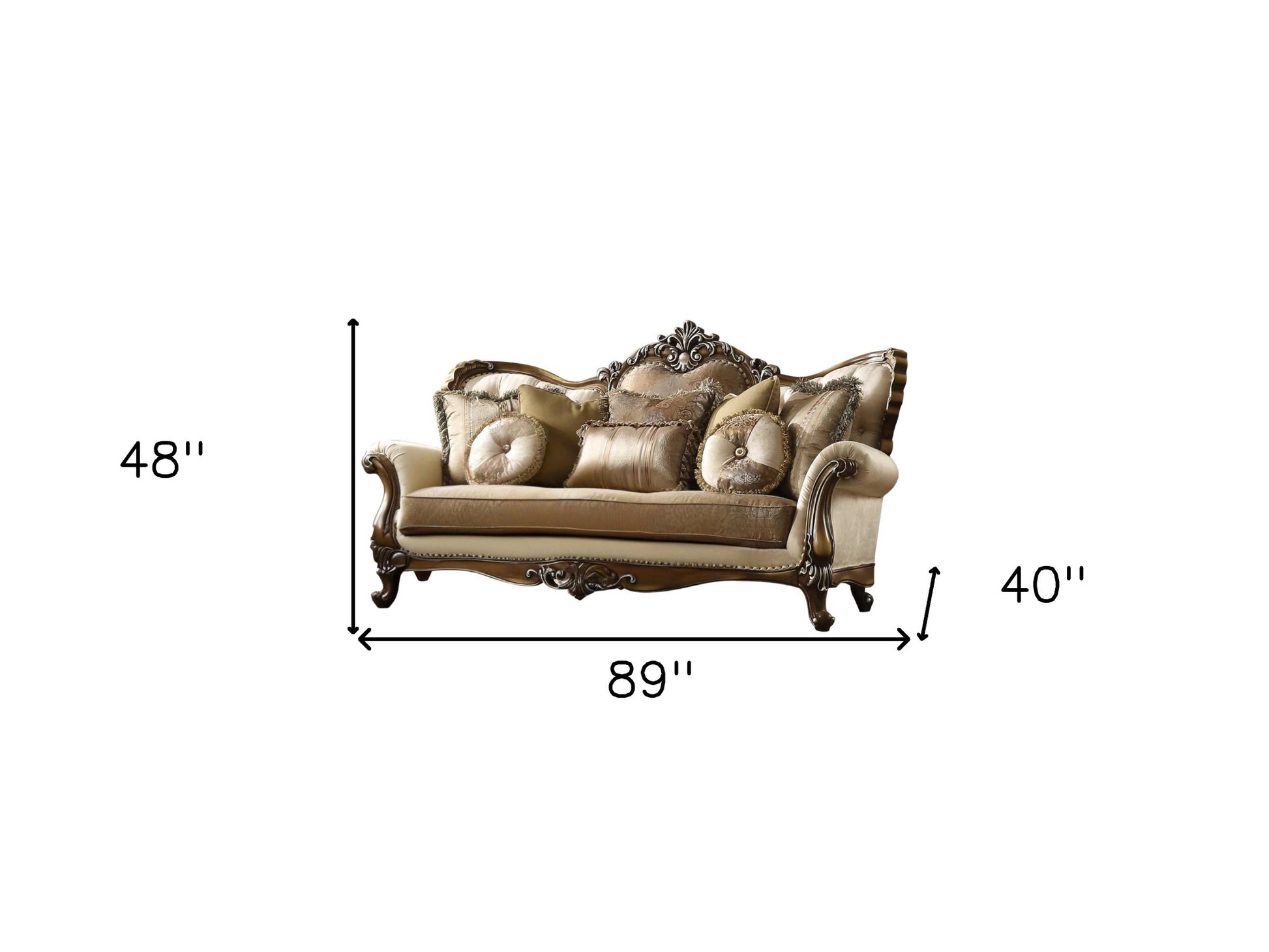 89" Tan Polyester Blend Curved Floral Sofa And Toss Pillows With Brown Legs-4