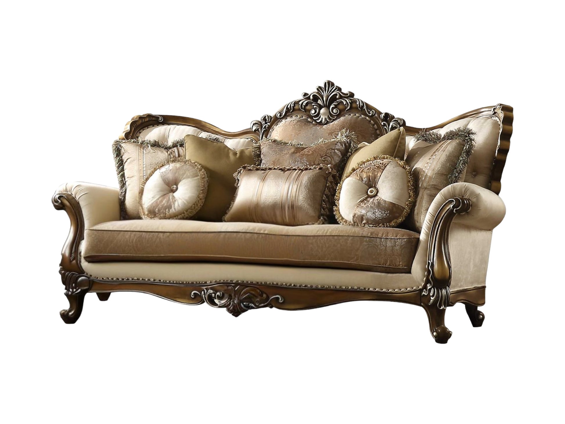 89" Tan Polyester Blend Curved Floral Sofa And Toss Pillows With Brown Legs-0