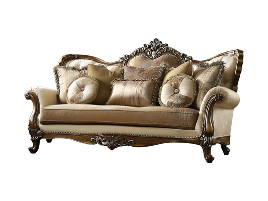 89" Tan Polyester Blend Curved Floral Sofa And Toss Pillows With Brown Legs-0