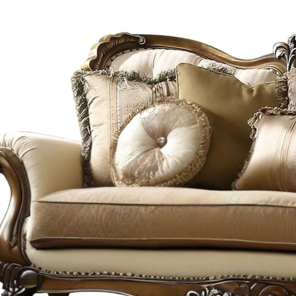 89" Tan Polyester Blend Curved Floral Sofa And Toss Pillows With Brown Legs-3
