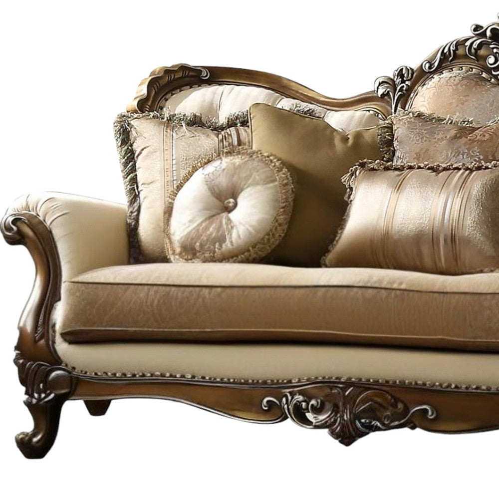 89" Tan Polyester Blend Curved Floral Sofa And Toss Pillows With Brown Legs-2