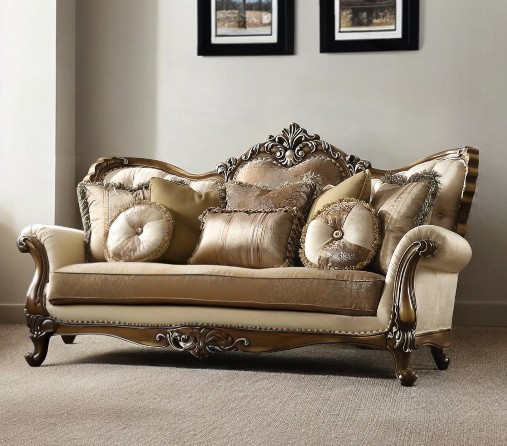 89" Tan Polyester Blend Curved Floral Sofa And Toss Pillows With Brown Legs-1