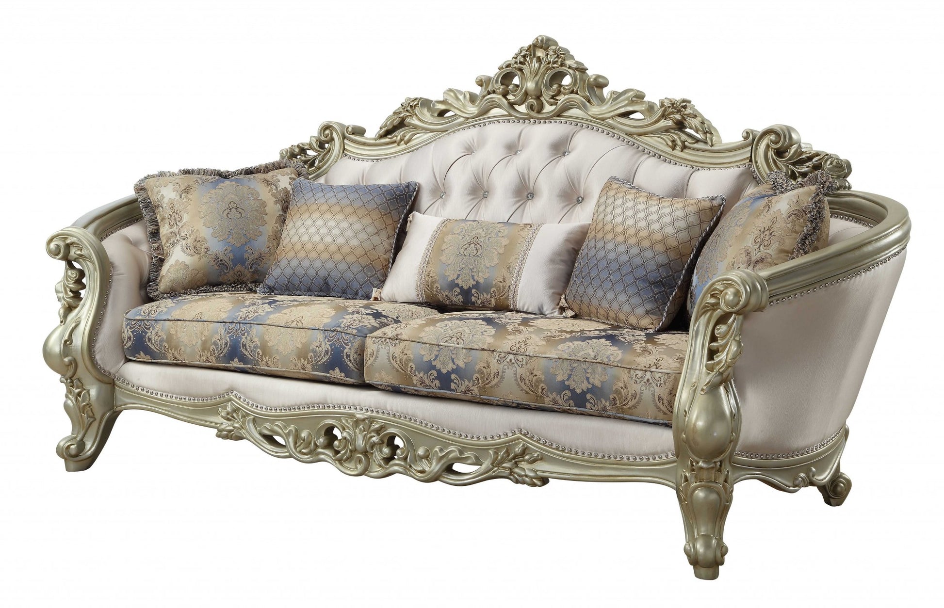 40" Antiqued White Velvet Curved Floral Sofa And Toss Pillows With Champagne Legs-2